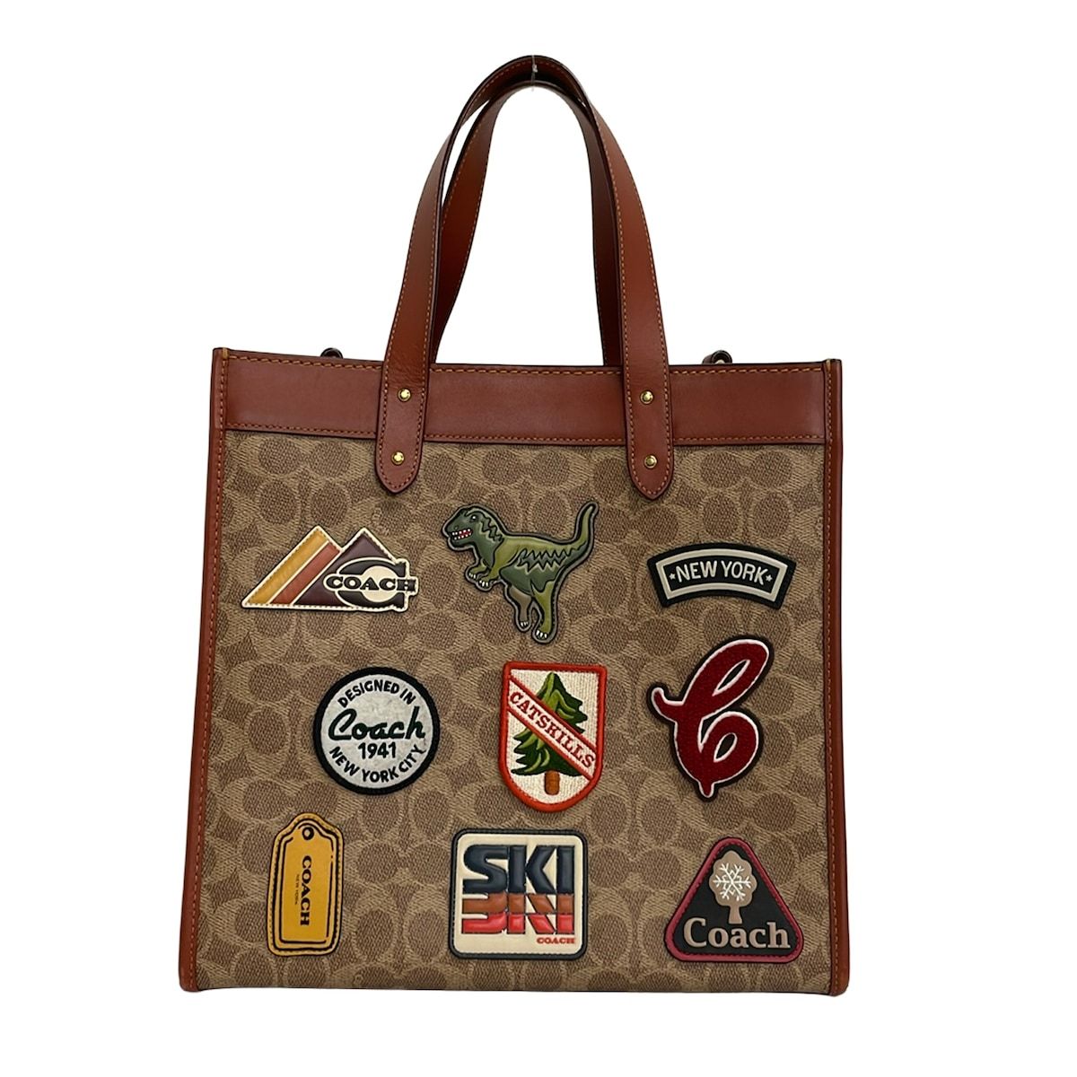 COACH(コーチ) トートバッグ フィールド トート シグネチャー キャンバス ウィズ パッチ C6846 カーキ×ブラウン×マルチ レザー