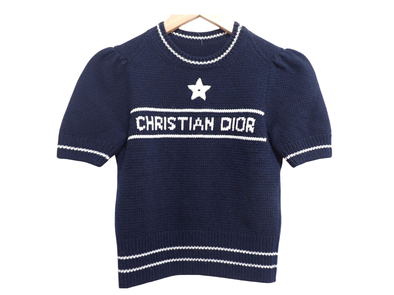 美品】ディオール CHRISTIAN DIOR ロゴ カシミヤ混 半袖ニット 36