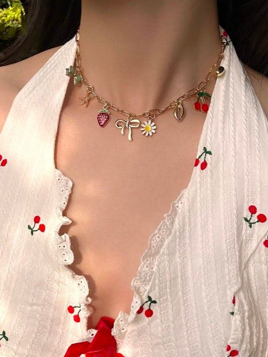 Jewelry women's necklace 1 piece fruit shaped strawberry, ribbon, starfish, cherry, heart, flower pendant necklace, suitable for women's daily wear, gifts, fashion accessories