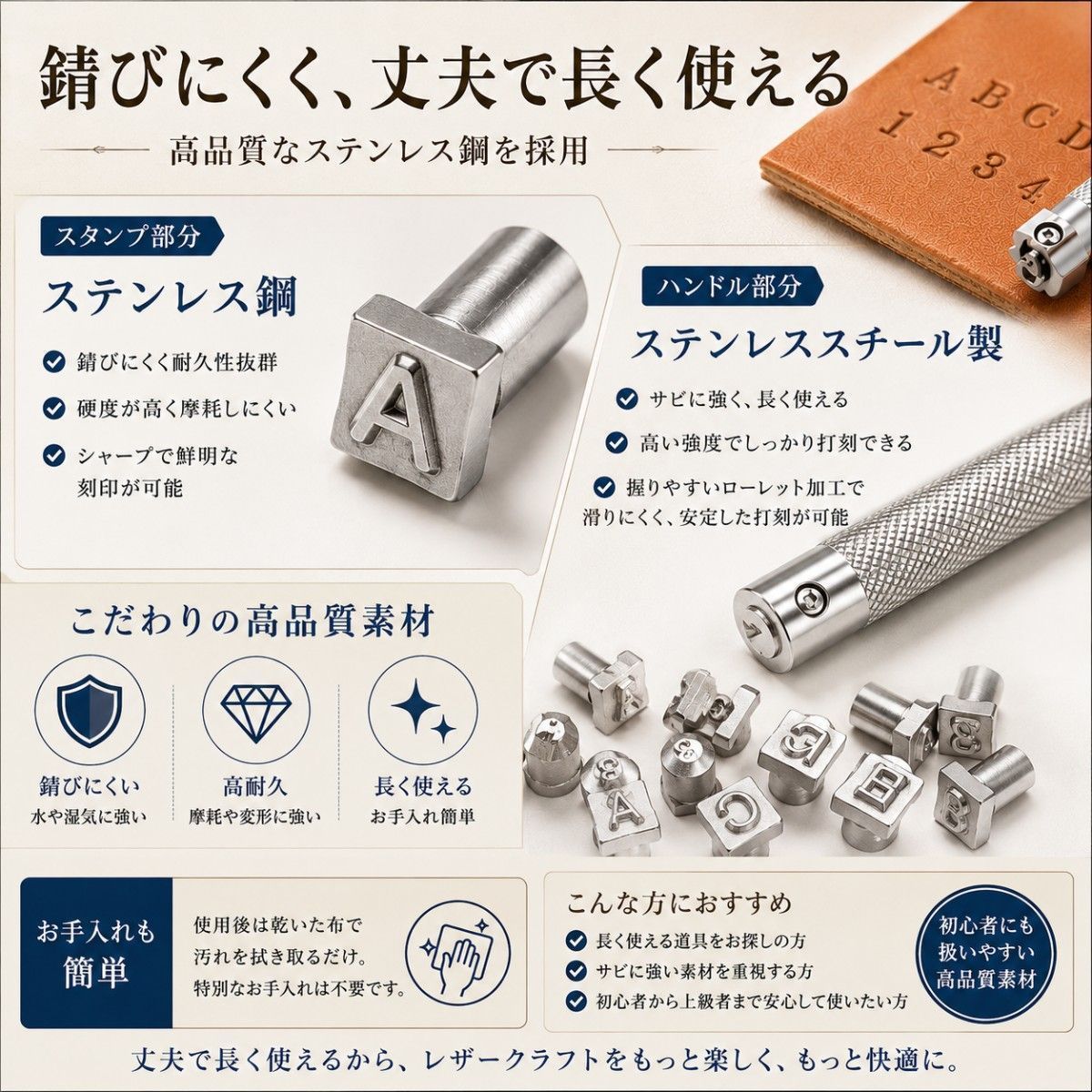 レザークラフト 刻印セット 英字 数字 36個 6.5mm ハンドル付き 革 打 