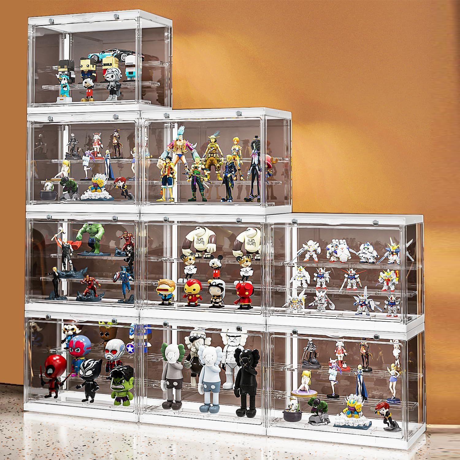 フィギュアケース 棚 アクリル 4個セット フィギュア棚 コレクションケース クリア 積み重ね可能 開閉 組み立て式 マグネット式扉 アクリルケース フィギュア ショーケース 防水防塵 幅30×奥17×高さ23cm ホワイト (4, S)AR