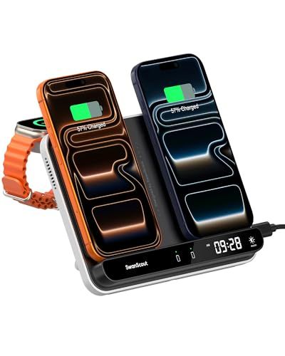 ワイヤレス充電器 2台、iphone 充電スタンド 2台同時、折りたたみ式 充電ステーション、置くだけ充電、iPhone 17/16/15/14/13/12/11/8/Xシリーズ対応、 Apple Watch 11/10/9/Ultra 3/ 9a03ff00