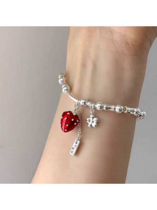 ジュエリー レディース ブレスレット ロング ブランド スターリングシルバー レディース ブレスレット、手作り伸縮ロープデザイン、イチゴ、上品 & スウィート ハイエンド シルバービーズ フラワーブレスレット