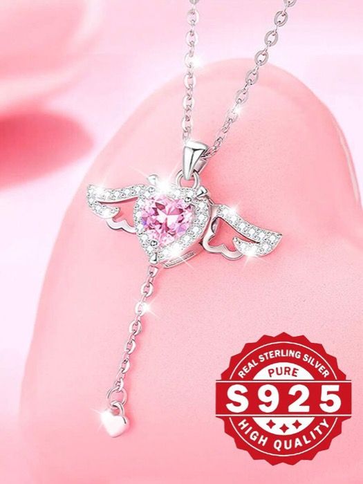 ジュエリー レディース ネックレス S925スターリングシルバー キューピッドの心 立方ジルコニア ネックレス、エンジェルウィング ペンダントネックレス、煌めく石 鎖骨チェーン、フレンチエレガントロマンチックスタイ