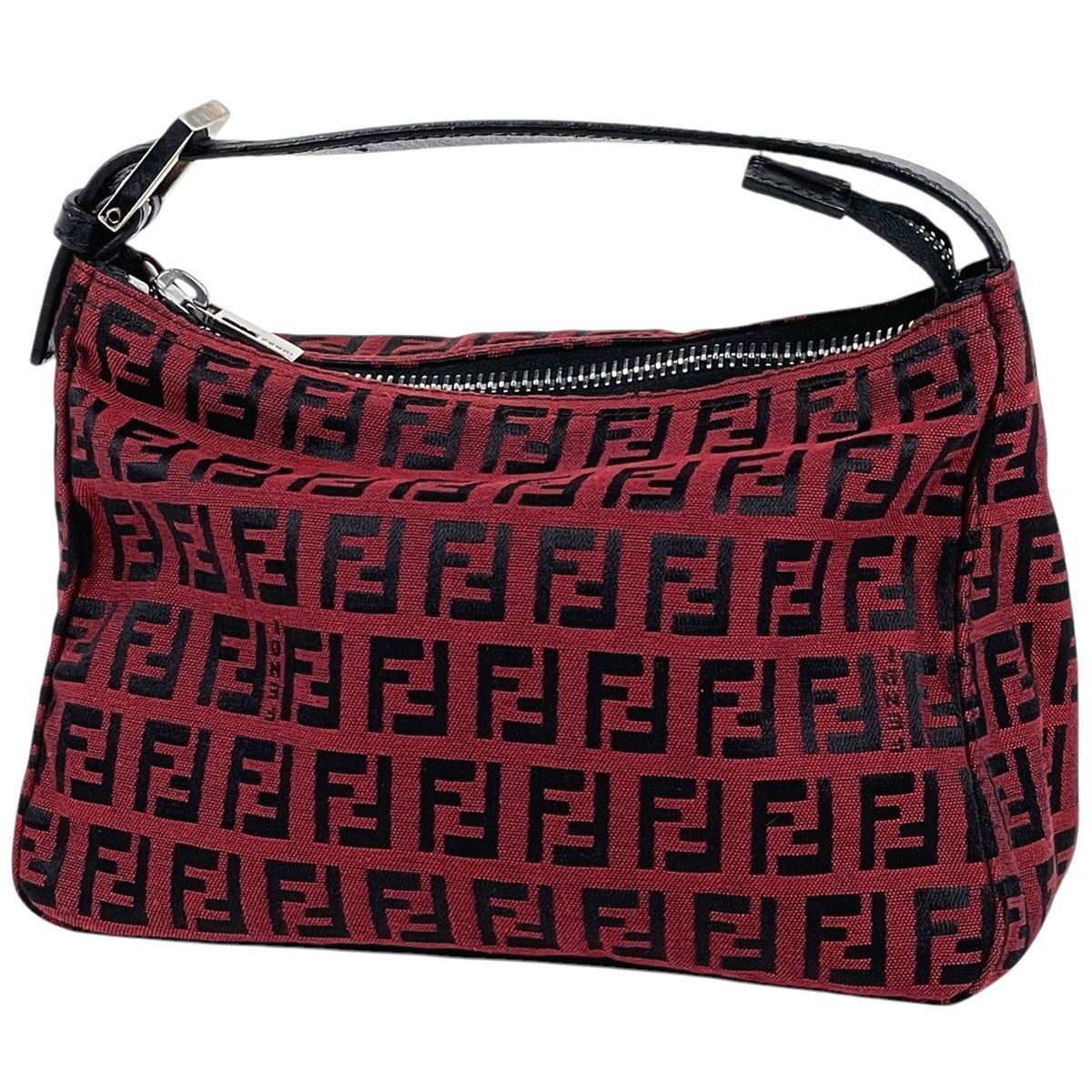 フェンディ FENDI ズッキーノ柄 ミニ ハンドバッグ ポーチ ロゴ キャンバス レッド ブラック 8N0001 レディース 【中古】