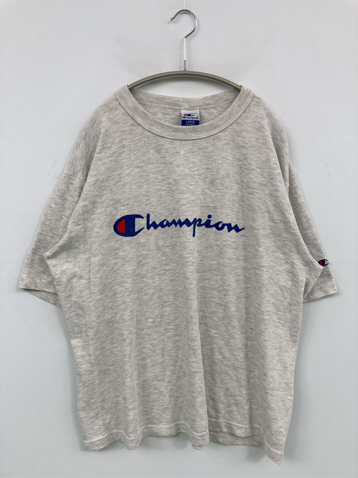 Champion チャンピオン Tシャツ/カットソー L グレー 前面プリント ブランドロゴ ミドル丈 半袖 クルーネック(丸首)