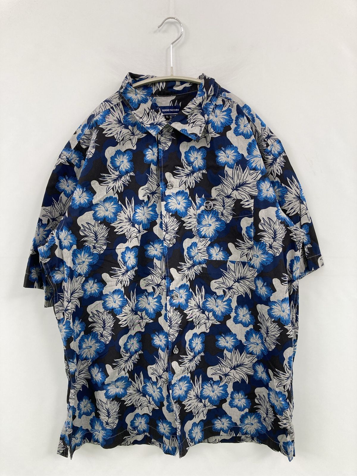 Sergio Tacchini セルジオタッキーニ シャツ/ブラウス LL ブルー コットン 花柄・ボタニカル柄 ミドル丈 半袖 レギュラーカラー