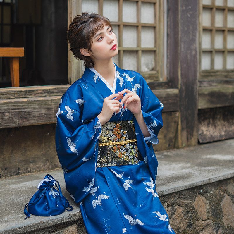 浴衣 レディース 紺色 鶴柄 レトロ モダン 上品 大人可愛い SNS話題 帯・インナーなし