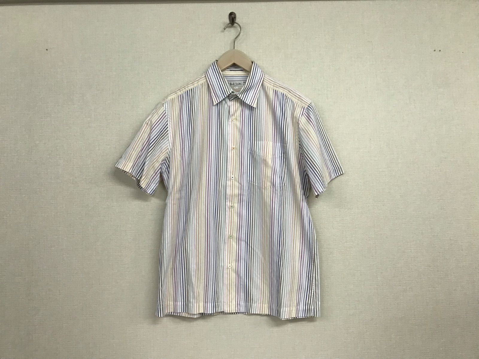 本物ポールスミスPaulSmithコットンストライプ柄半袖シャツメンズサーフワークアメカジミリタリービジネススーツモードゴルフドレスストリートスケーター白ホワイトカラフルL日本製
