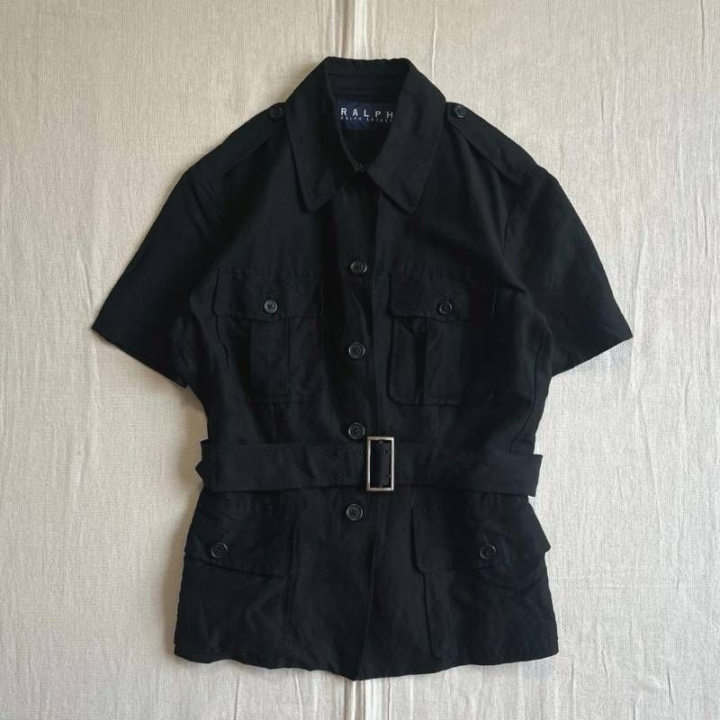 極希少　～00s　archive　Old Ralph Lauren　ラルフローレン　サファリシャツ　半袖ジャケット　リネン×レーヨン　ベルト・エポレット付　フロント4フラップポケット　黒　11サイズ　綺麗め　上質　ミリタリー　パンキッシュ　Y2K　グランジ