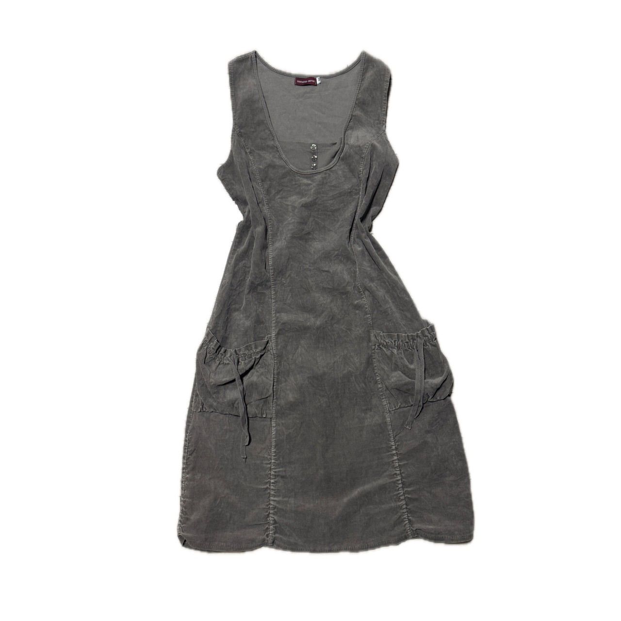 Gray Corduroy Scoop Neck Drawstring Pocket Dress グレー コーデュロイ スクエアネック ドローストリングポケット ワンピース 5,950円