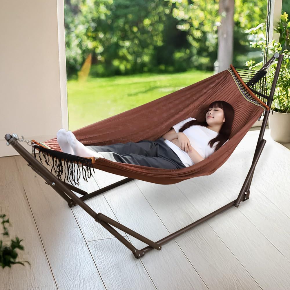 ☆新品☆Bonarca ハンモック 自立式 【落ちない！至福の寝心地】 室内 折りたたみ コンパクト 屋外 大型 スタンド 布 収納袋 付き おしゃれ アウトドア キャンプ 庭 ベランダ 組立簡単 静音 【国内試験合格品】 (ブラウン(フレー 88c062b9