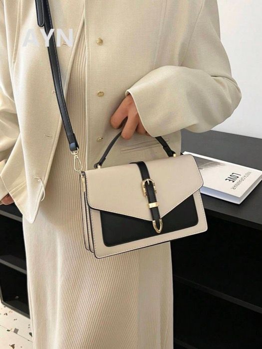 バッグ レディース ハンドルバッグ ツートーン バックルデコレーション トップハンドル フラップ PU ファッショナブル スクエアバッグ