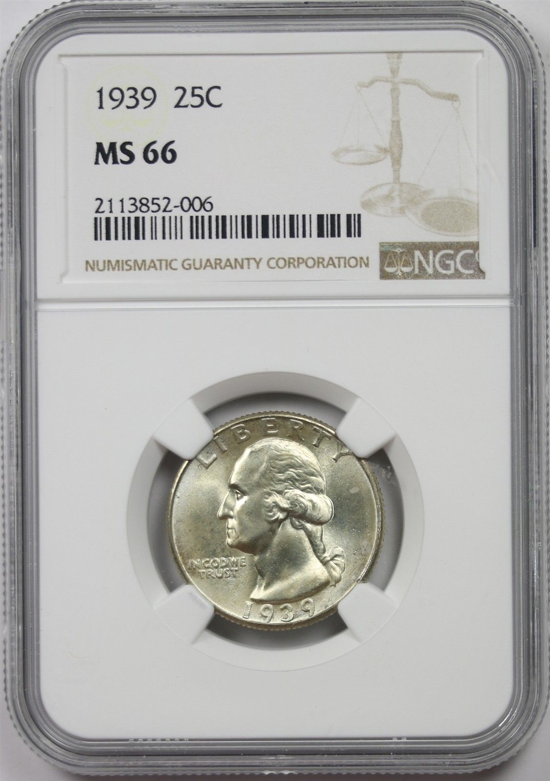 1939 25C NGC MS 66 Washington Silver Quarter