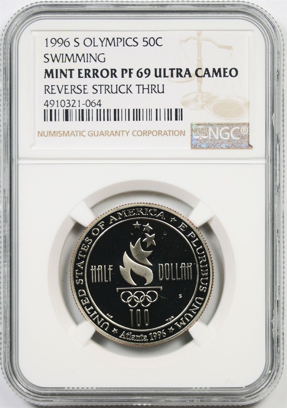 1996-S Olympics Swimming 50C NGC Mint Error PF69 Ultra Cameo Modern Half Dollar