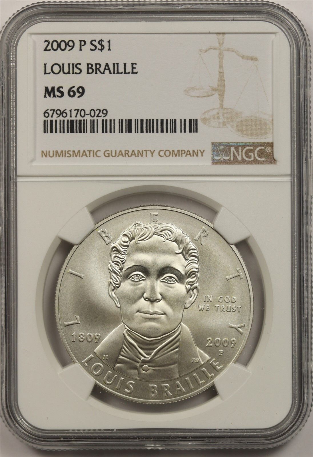 2009-P Louis Braille $1 NGC MS 69 Modern Commemorative Silver Dollar