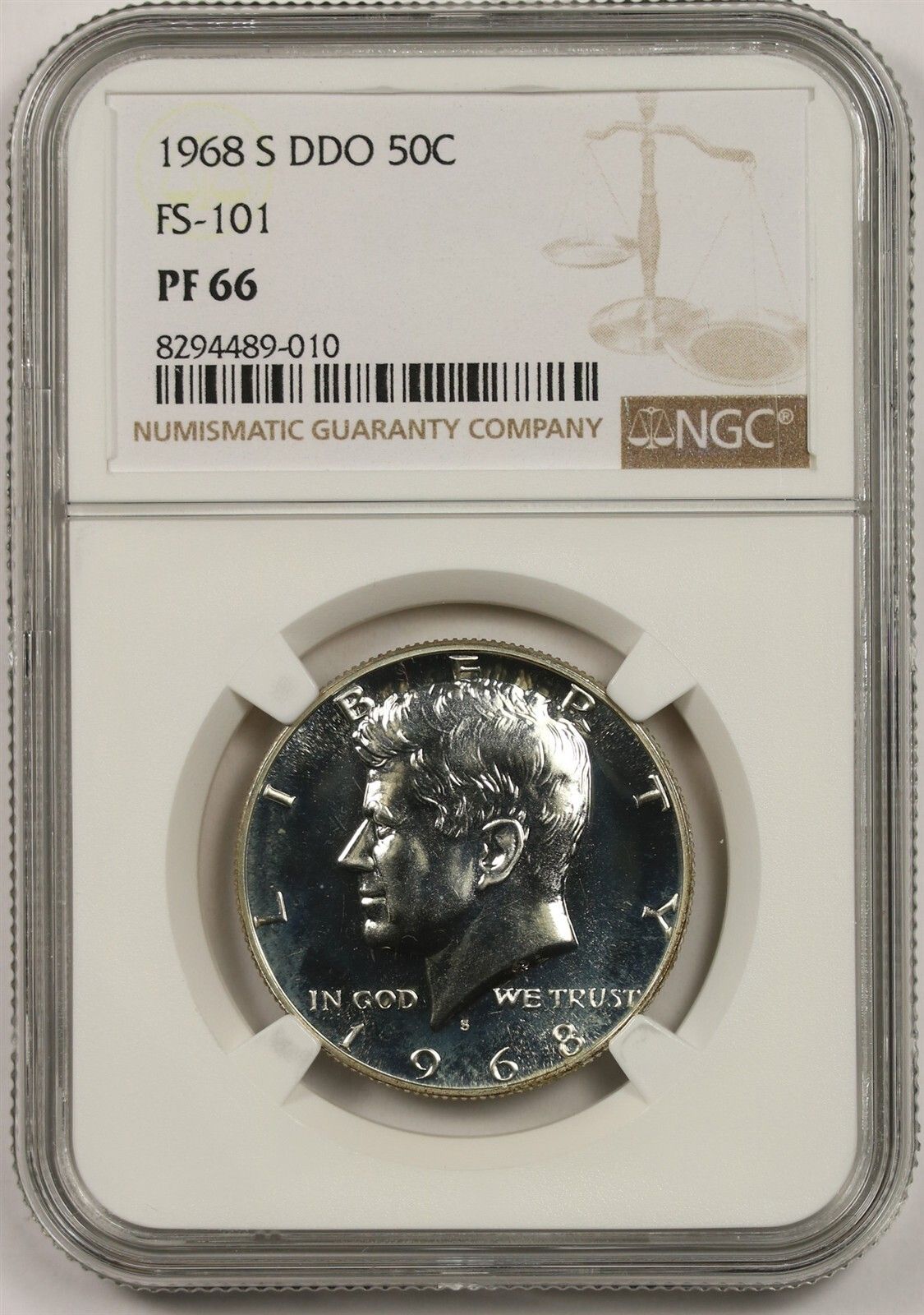 1968-S 50C NGC PF 66 (FS-101 DDO) Kennedy Silver Half Dollar