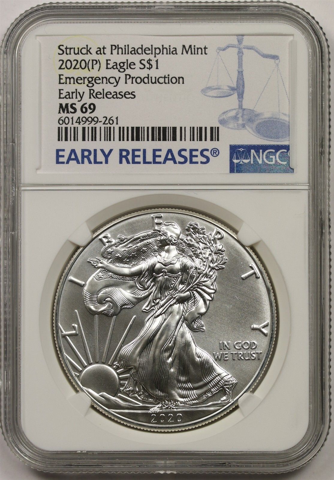 2020-(P) Silver Eagle $1 NGC MS69 E/R Production Struck Philadelphia