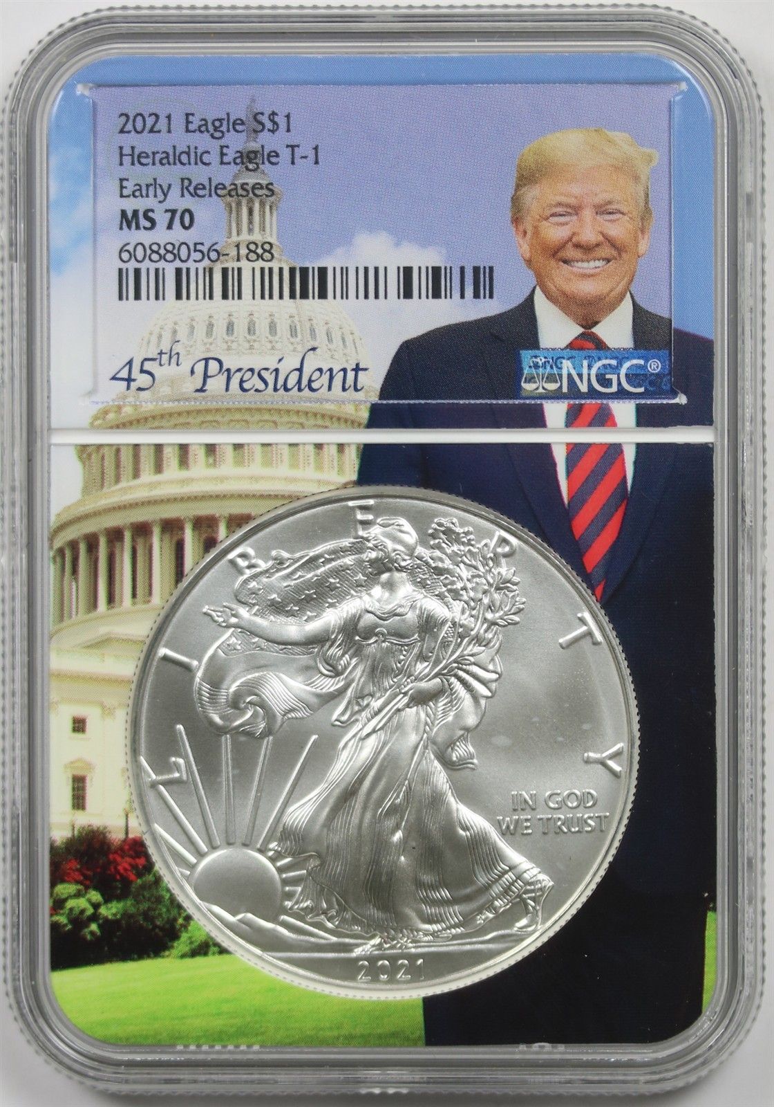 2021 Silver Eagle Type 1 $1 NGC E/R MS 70 Donald J Trump Capitol Label
