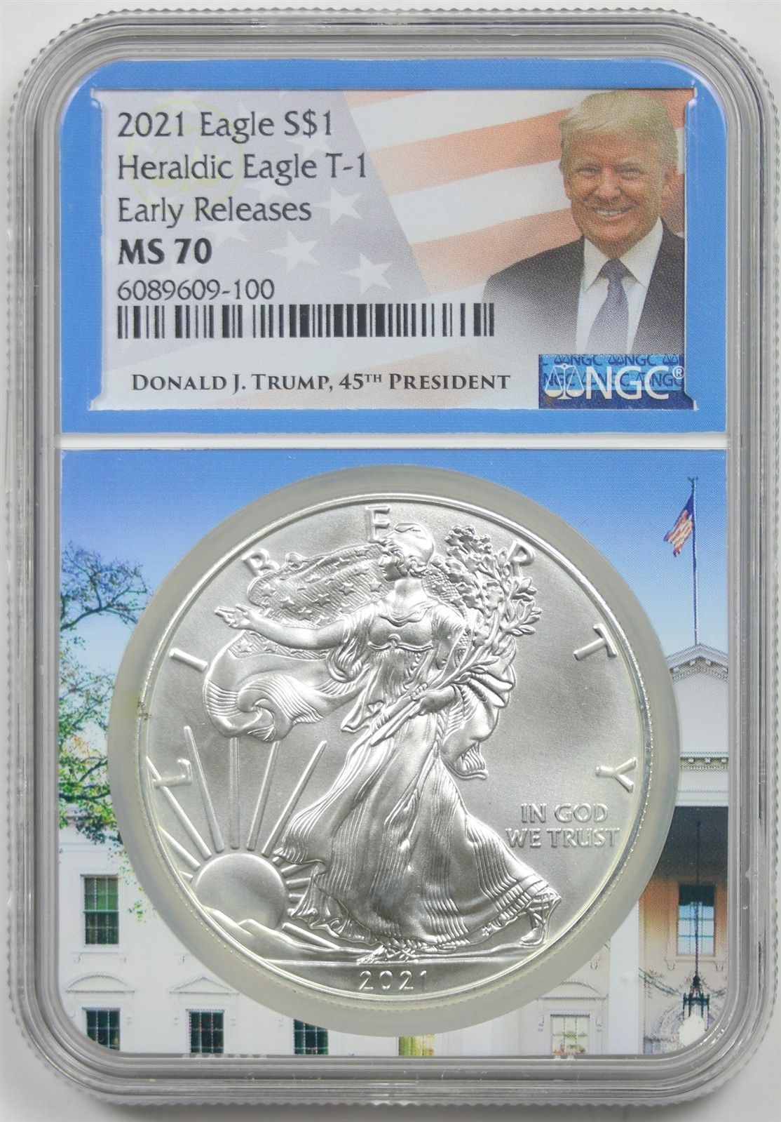 2021 Silver Eagle Type 1 $1 NGC E/R MS 70 Donald J Trump 45th President Label