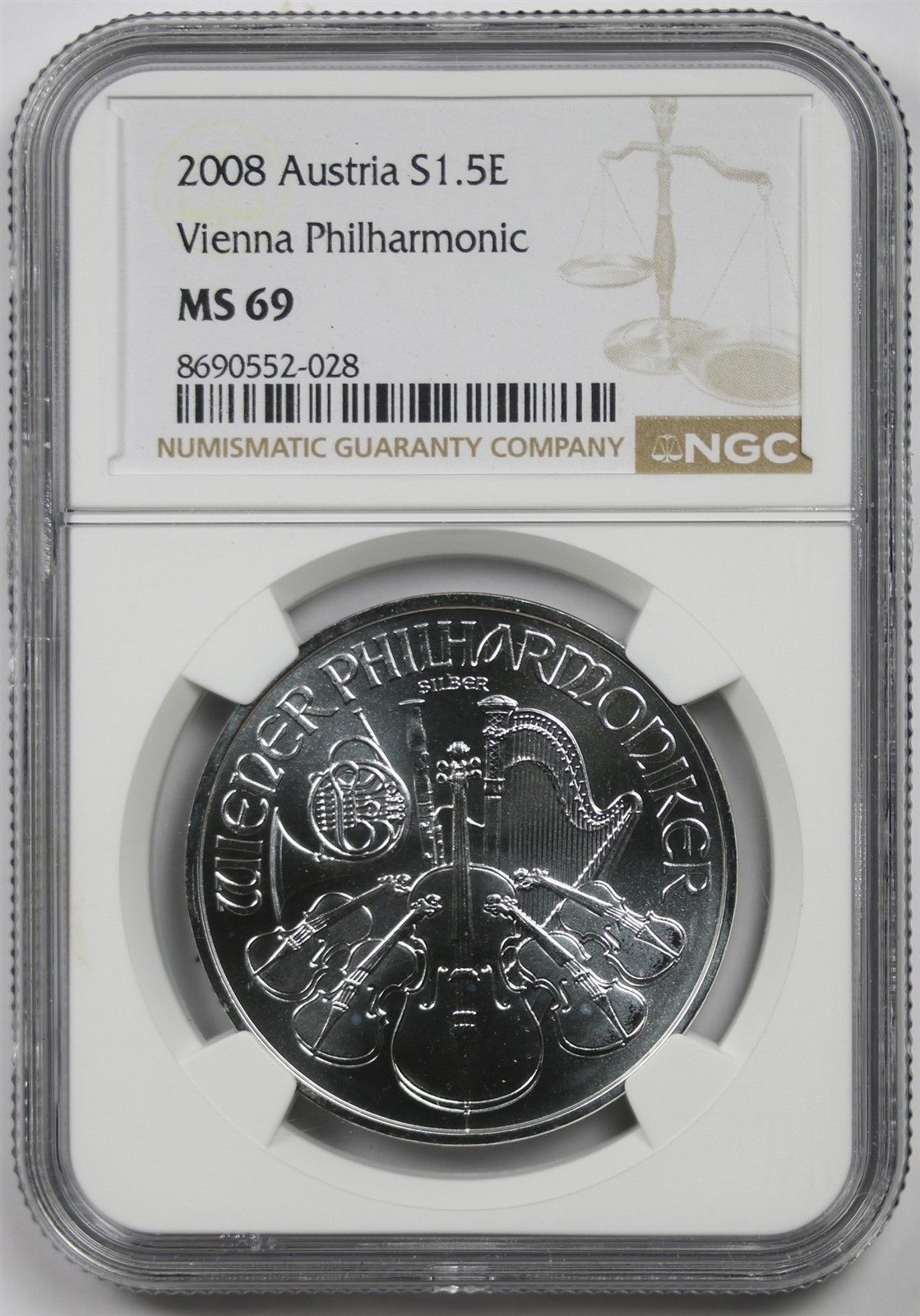 2008 Atria Vienna Philharmonic Silver 1,50 Euro NGC MS 69