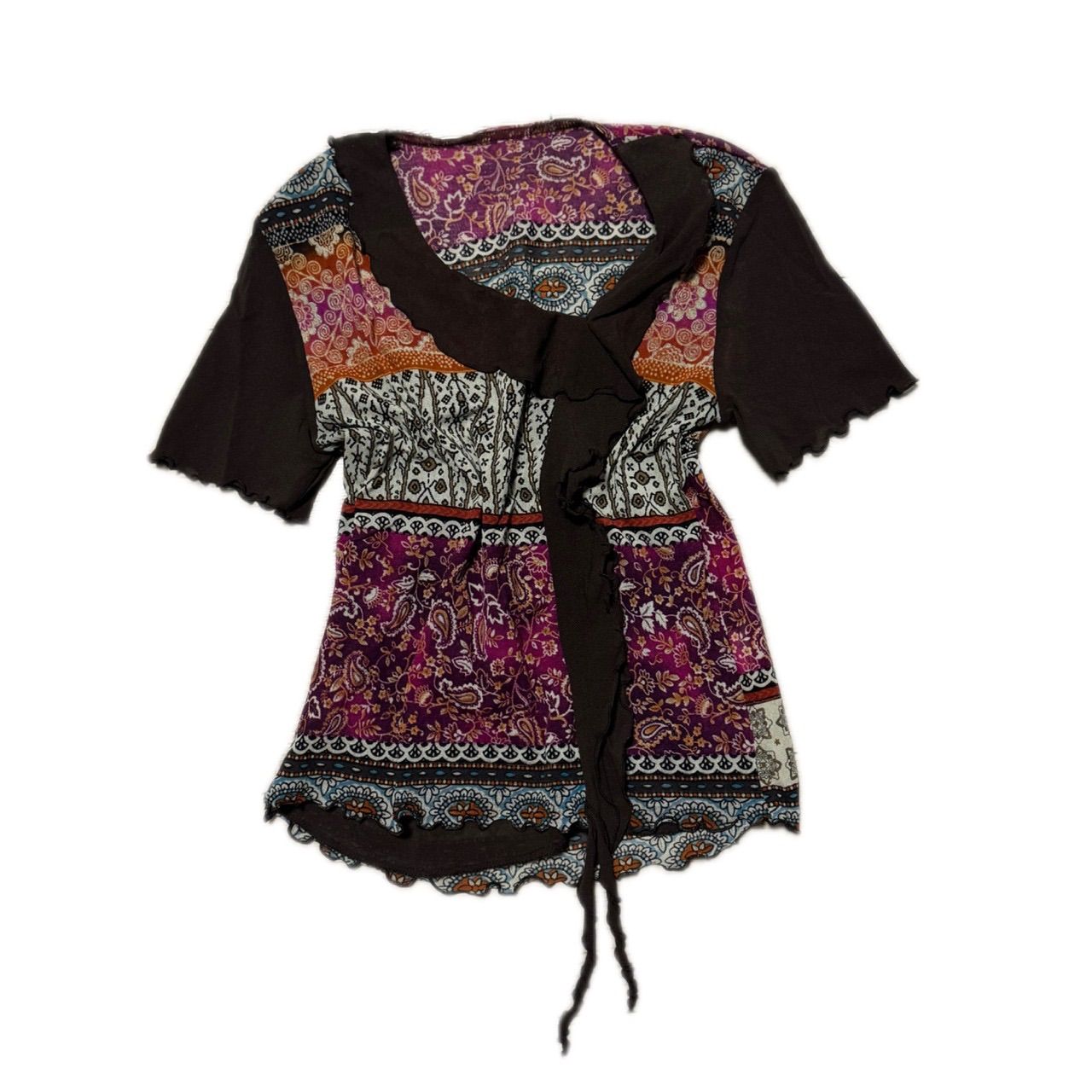 Boho Print Ruffle Front Blouse ボヘミアン柄 フリルフロント ブラウス