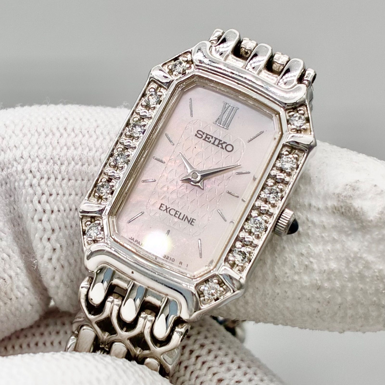【稼働/美品】 SEIKO エクセリーヌ 腕時計 2E20-7460 レディース シルバー シェル文字盤 12Pダイヤ ドレスウォッチ
