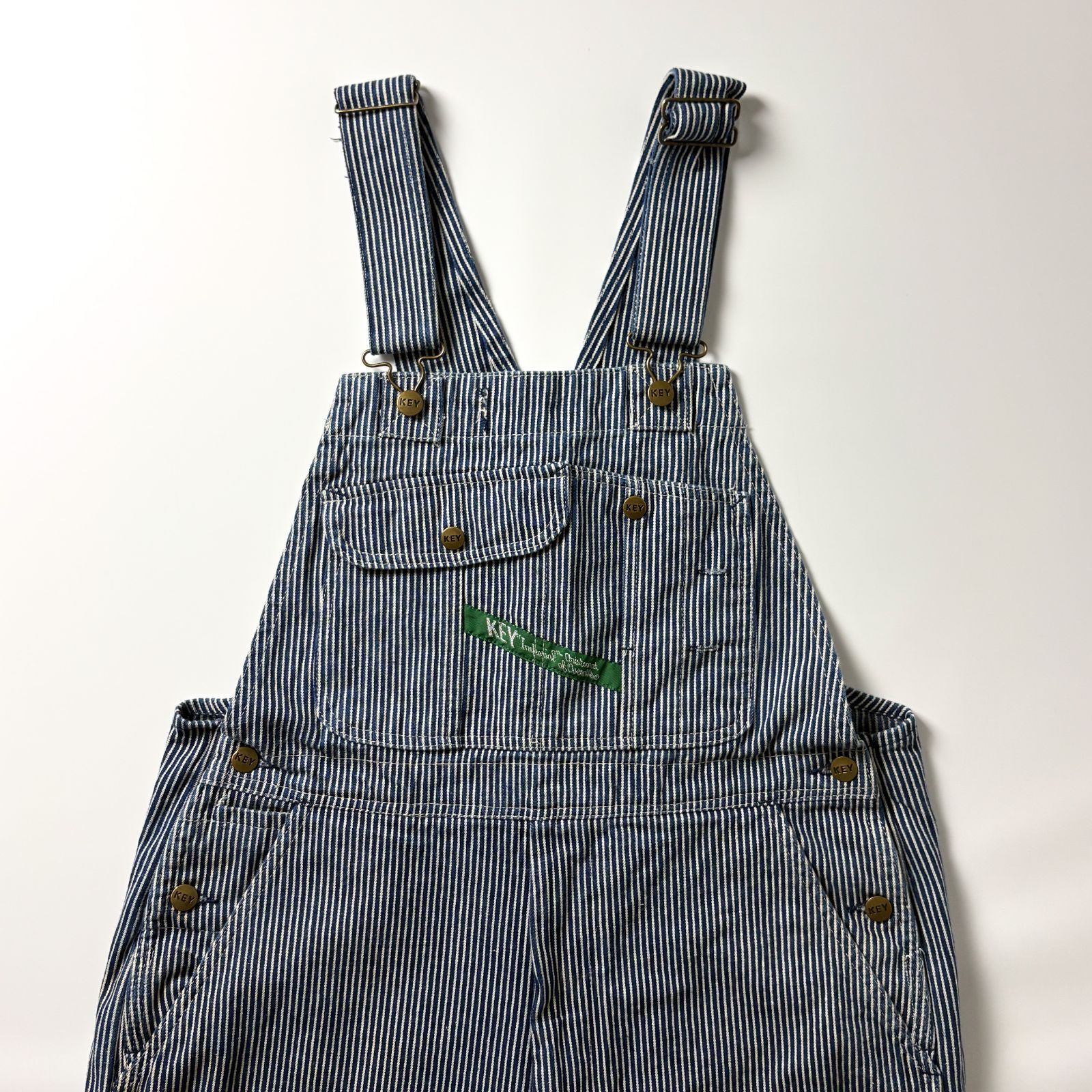 KEY キー オーバーオール W36 L32 ヒッコリーストライプ サロペット メンズ ワークパンツ ペインターパンツ 作業着 DIY キャンプ アウトドア 釣り ゆるだぼ 太め ワイド ストレート コットン 丈夫 アメカジ ストリート 古着男子 定番 人気
