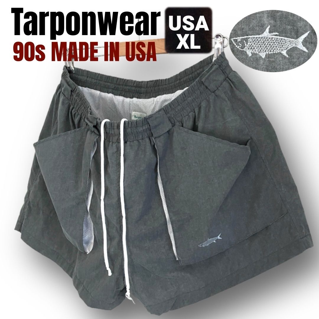 90s初期USA製 Tarponwear★USAメンズXL★フィッシングショーツ★魚刺繍★極美品 ゴム劣化無★ナイロン クールマックス★ZJジップ★セージグリーン★ターポンウェア　　　#2605M038