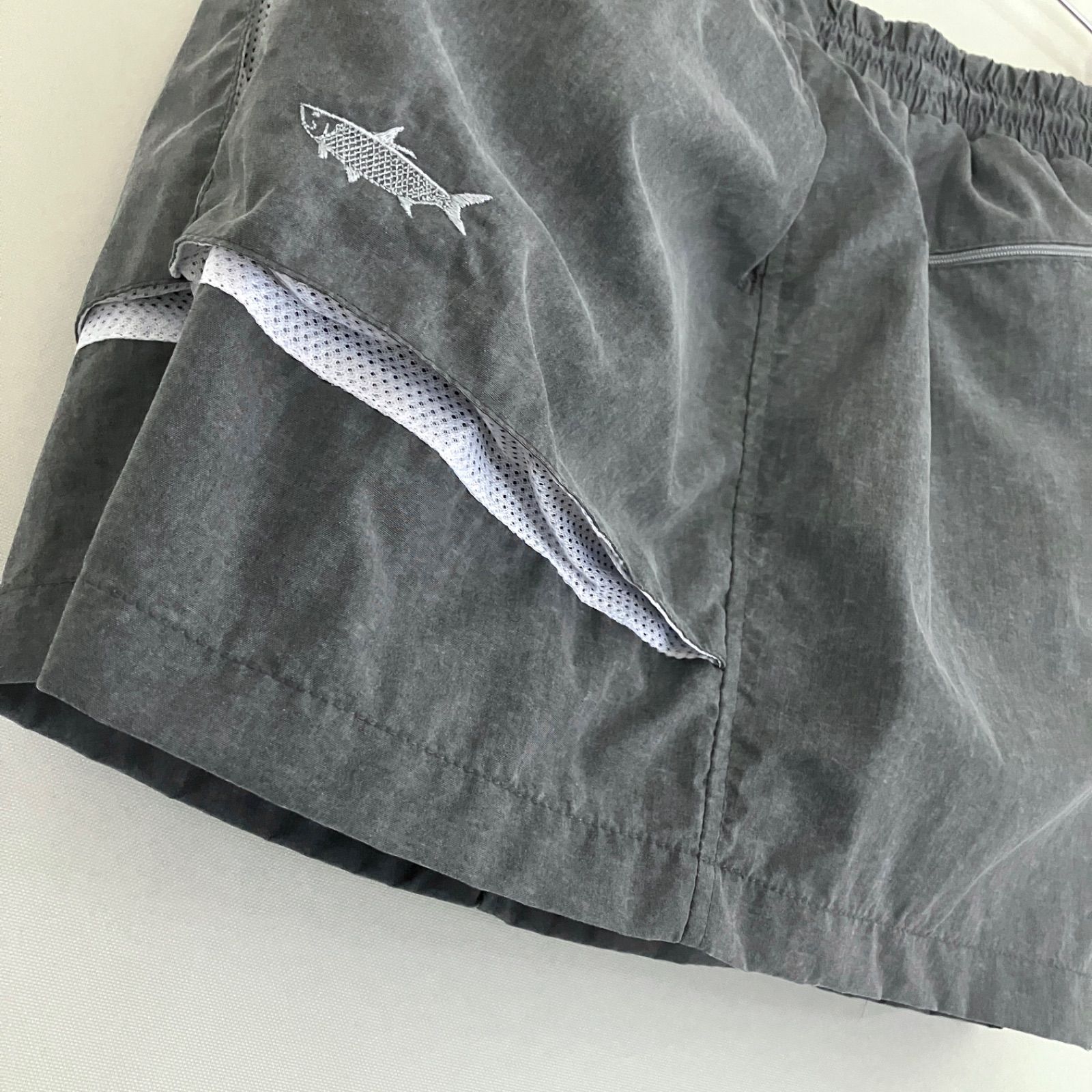 90s初期USA製 Tarponwear★USAメンズXL★フィッシングショーツ★魚刺繍★極美品 ゴム劣化無★ナイロン クールマックス★ZJジップ★セージグリーン★ターポンウェア　　　#2605M038