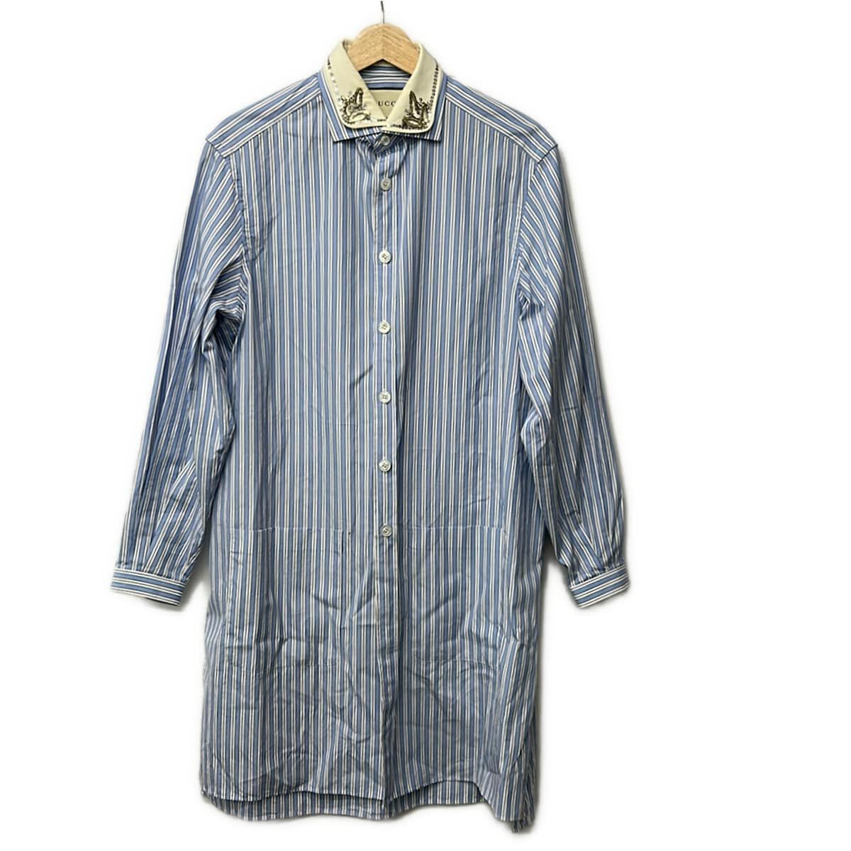 GUCCI(グッチ) 長袖シャツブラウス サイズ38 S レディース - 543402 ZLE75 ライトブルー×白×ブルー ストライプ/スパンコール/付け襟
