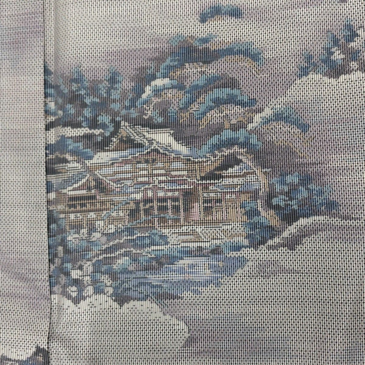 紬 身丈159cm 裄丈65cm M 袷 建物 雲文 灰色 正絹 優品 【中古
