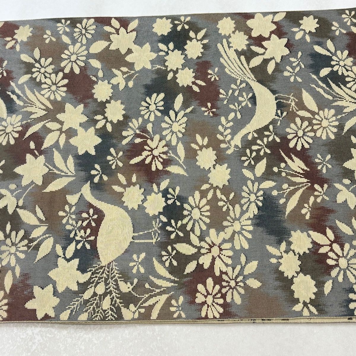 美品】 名古屋帯 優品 八寸名古屋帯 鳥 草花 ベージュ 正絹 【中古