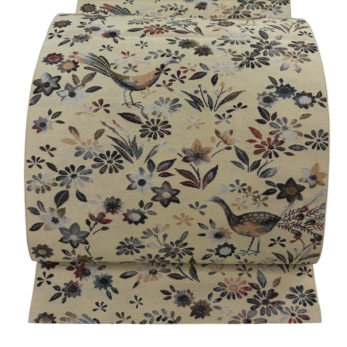美品】 名古屋帯 優品 八寸名古屋帯 鳥 草花 ベージュ 正絹 【中古