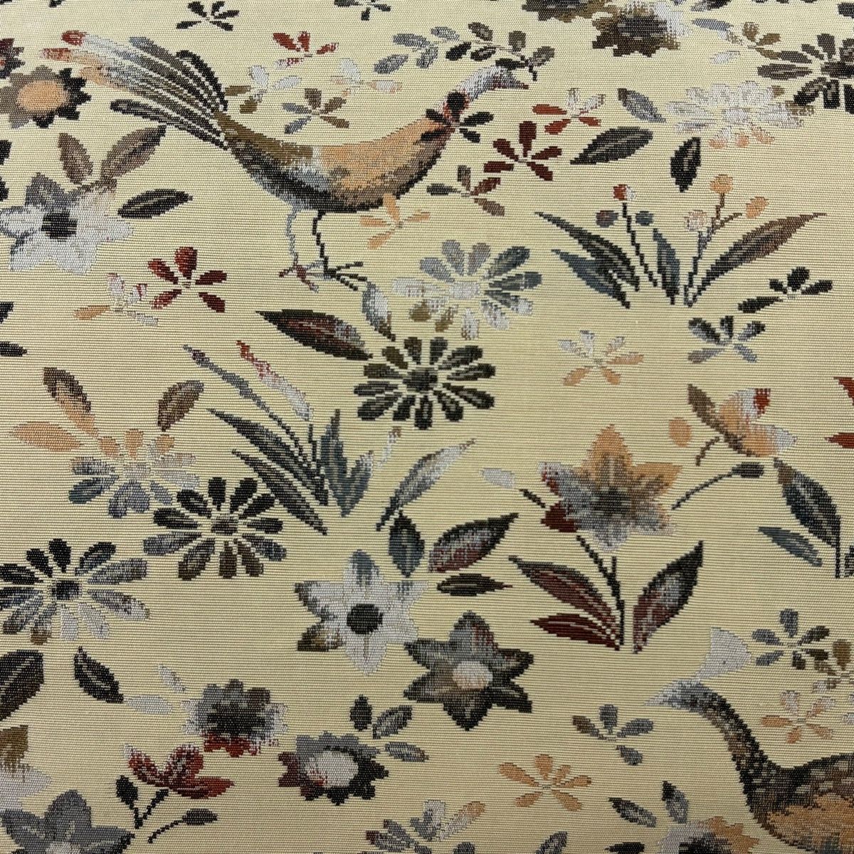 美品】 名古屋帯 優品 八寸名古屋帯 鳥 草花 ベージュ 正絹 【中古