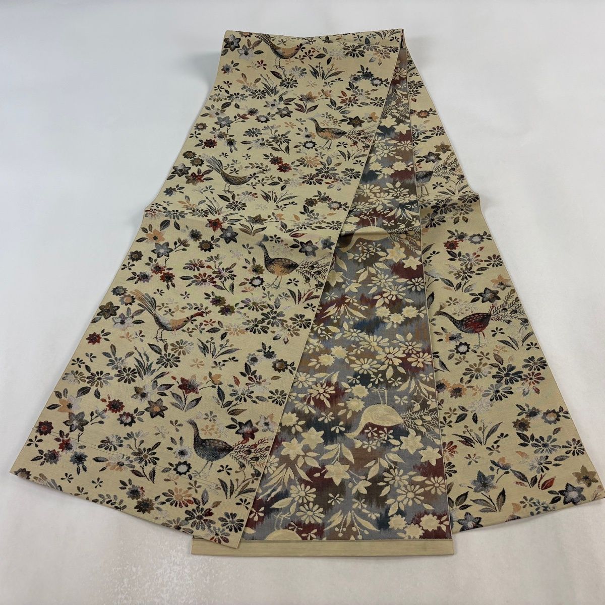 美品】 名古屋帯 優品 八寸名古屋帯 鳥 草花 ベージュ 正絹 【中古