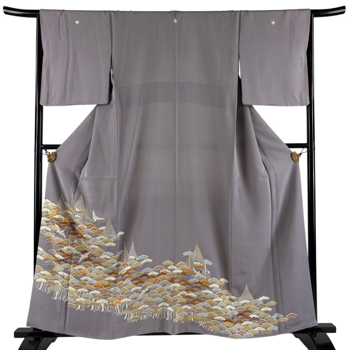 色留袖 身丈159cm 裄丈65.5cm M 袷 千總 落款 笠松 鶴 金糸 金彩 灰紫 正絹 逸品 五つ紋 【中古】