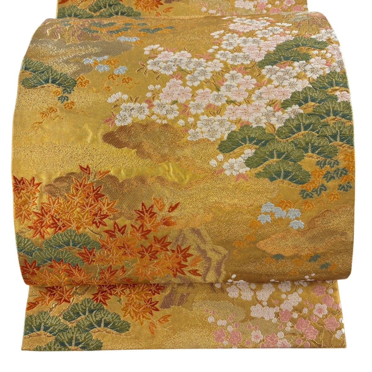 【美品】 袋帯 逸品 河合美術織物 落款 桜楓 雲文 金銀糸 箔 金色 六通 正絹 【中古】