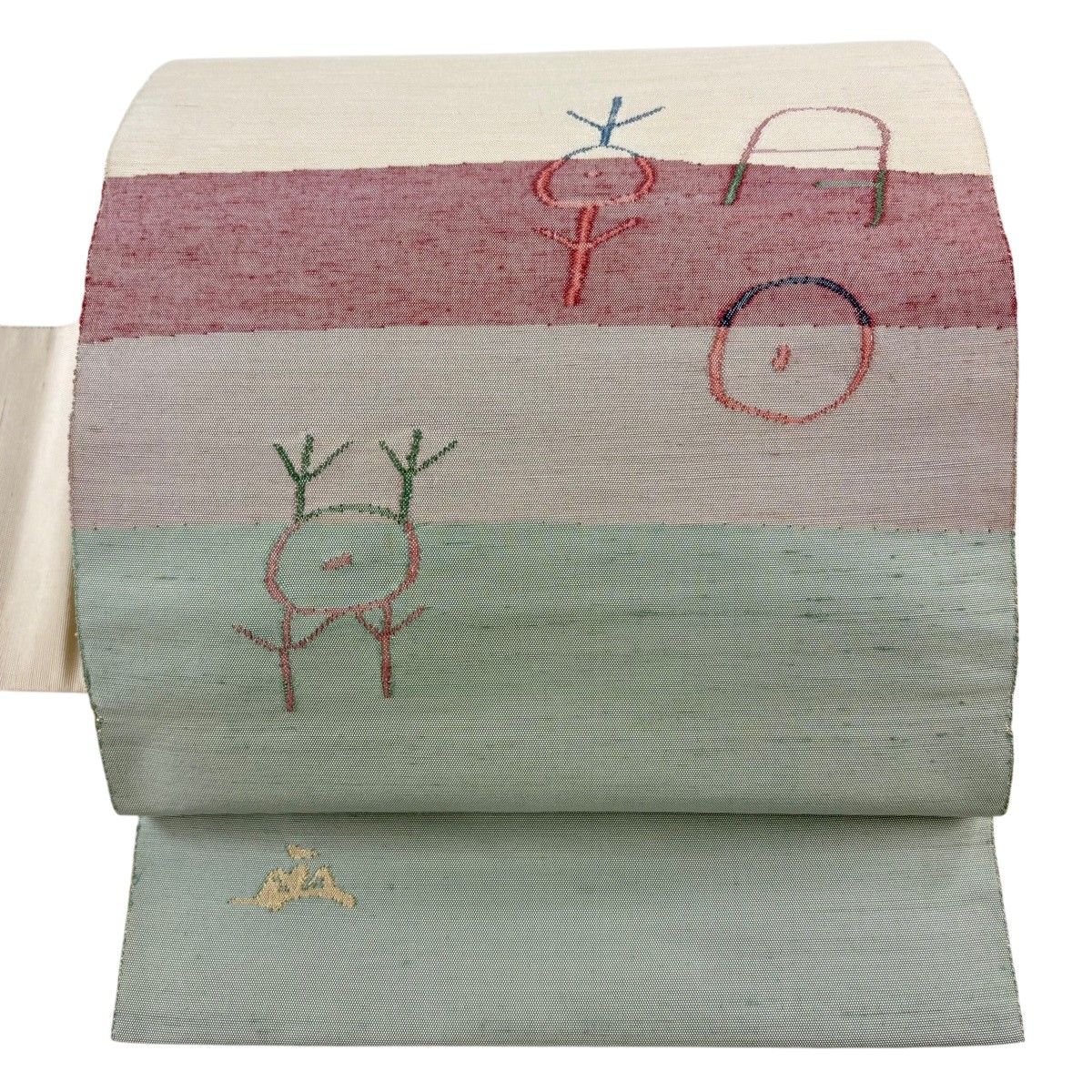 【美品】 名古屋帯 逸品 落款 能州紬地 八寸名古屋帯 草花 ベージュ 正絹 【中古】