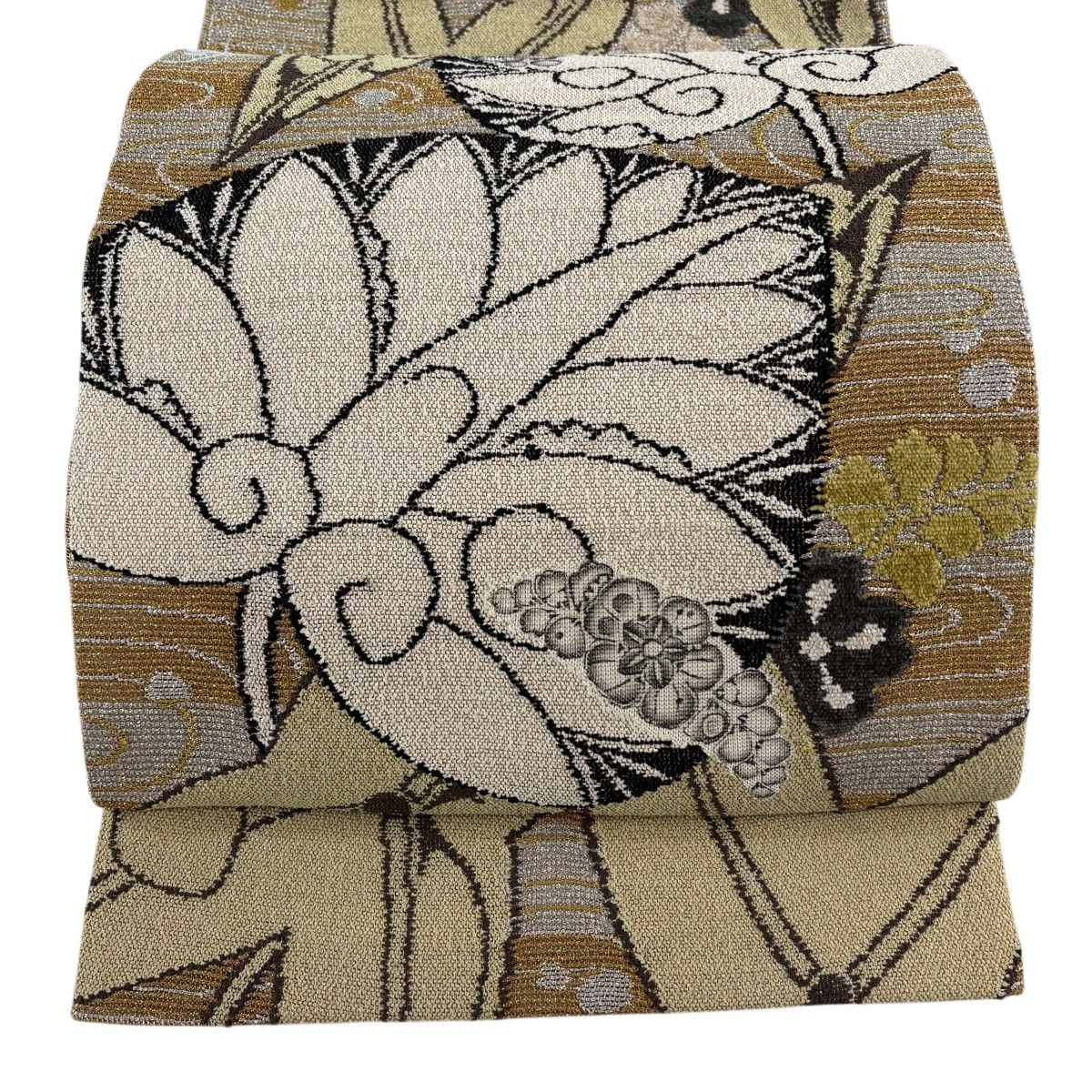 【美品】 袋帯 逸品 大脇一心 落款 夏帯 沢瀉 辻が花 箔 ベージュ お太鼓柄 正絹 【中古】