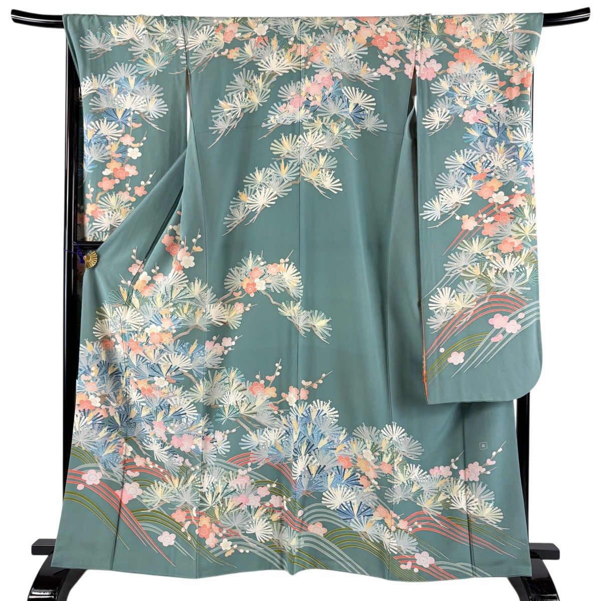 【美品】 振袖 身丈164cm 裄丈67.5cm 正絹 名品 【中古】 振袖 身丈164cm 裄丈69.5cm L 袷 落款 松梅 波 灰緑 正絹 名品 【中古