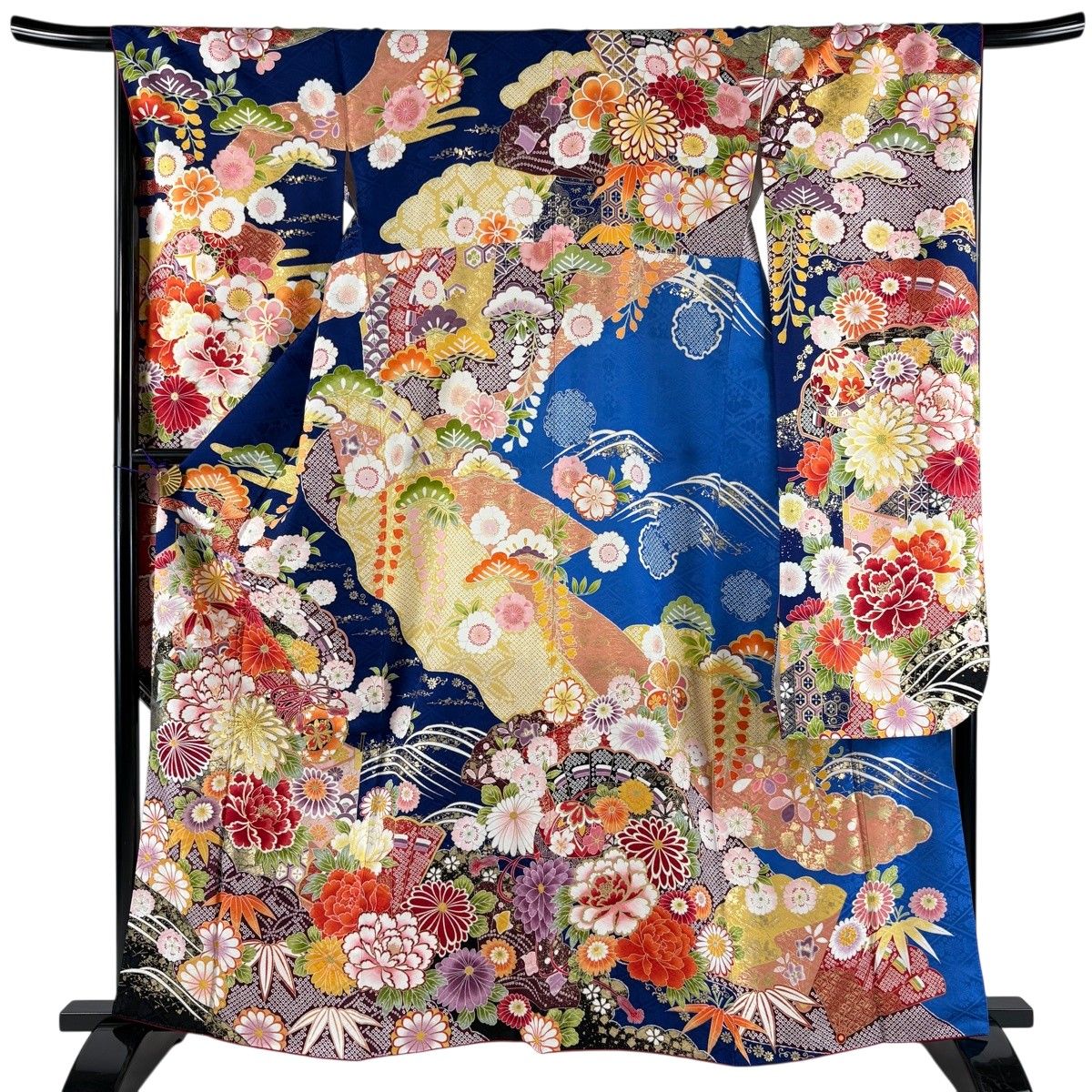 【美品】 振袖 身丈161cm 裄丈67.5cm L 袷 皷 草花 箔 金彩 青 正絹 名品 【中古】