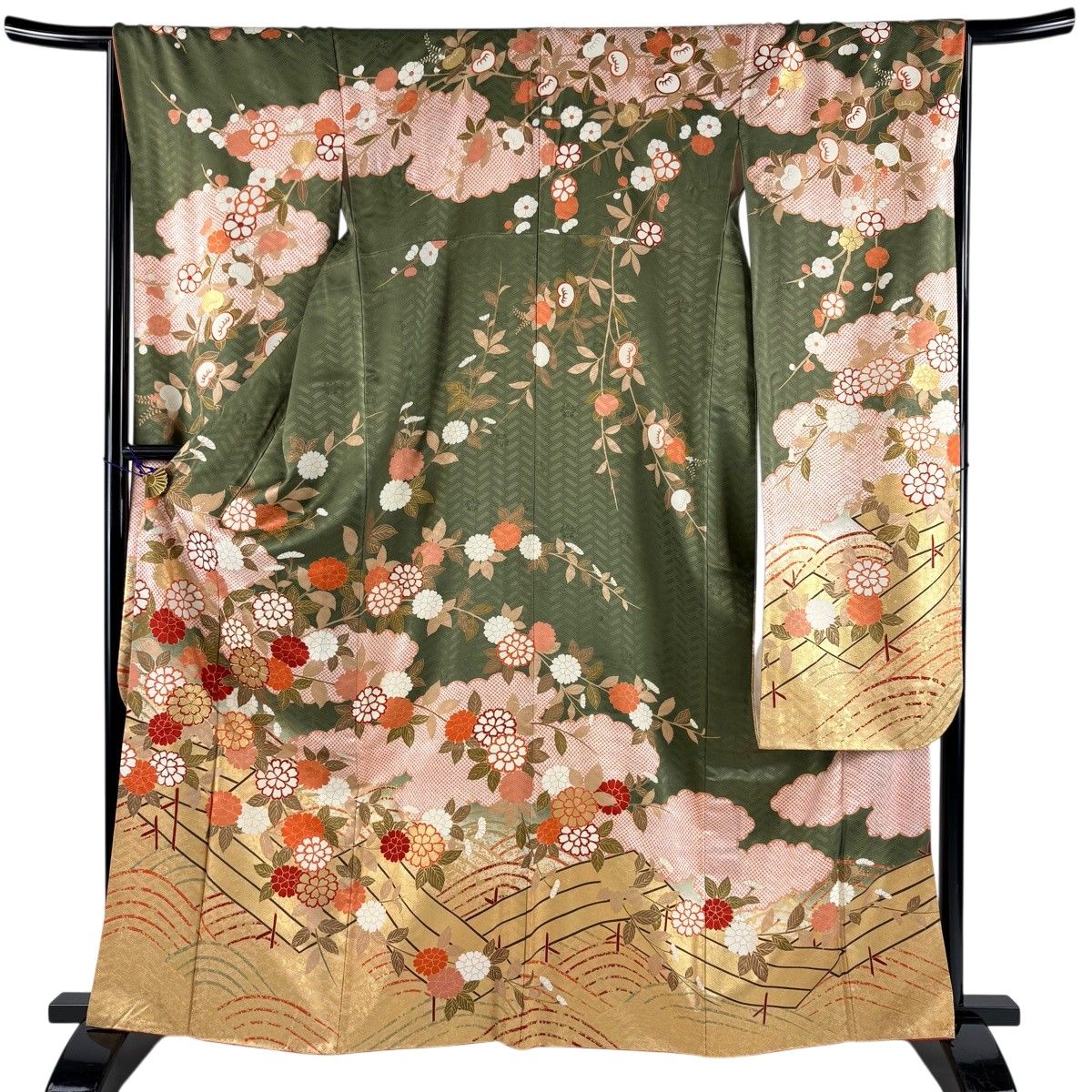 振袖 身丈162.5cm 裄丈67.5cm L 袷 吾妻徳穂 落款 枝花 八ツ橋 金糸 金彩 深緑 正絹 名品 【中古】