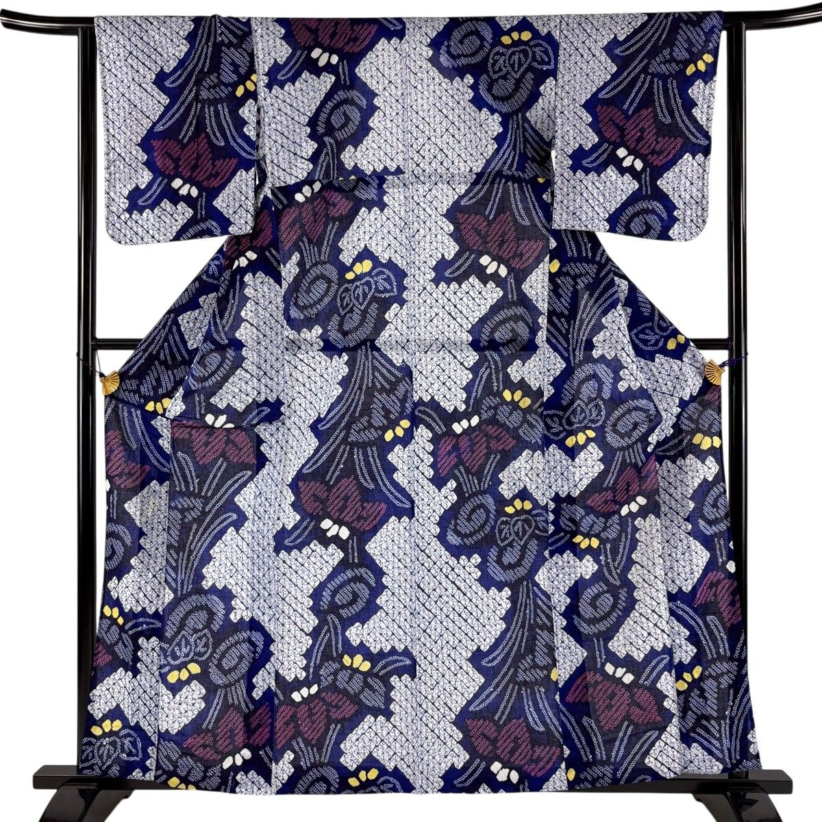 【美品】 浴衣 身丈160.5cm 裄丈62cm S 絞り浴衣 菖蒲 桐 青 綿 名品 【中古】