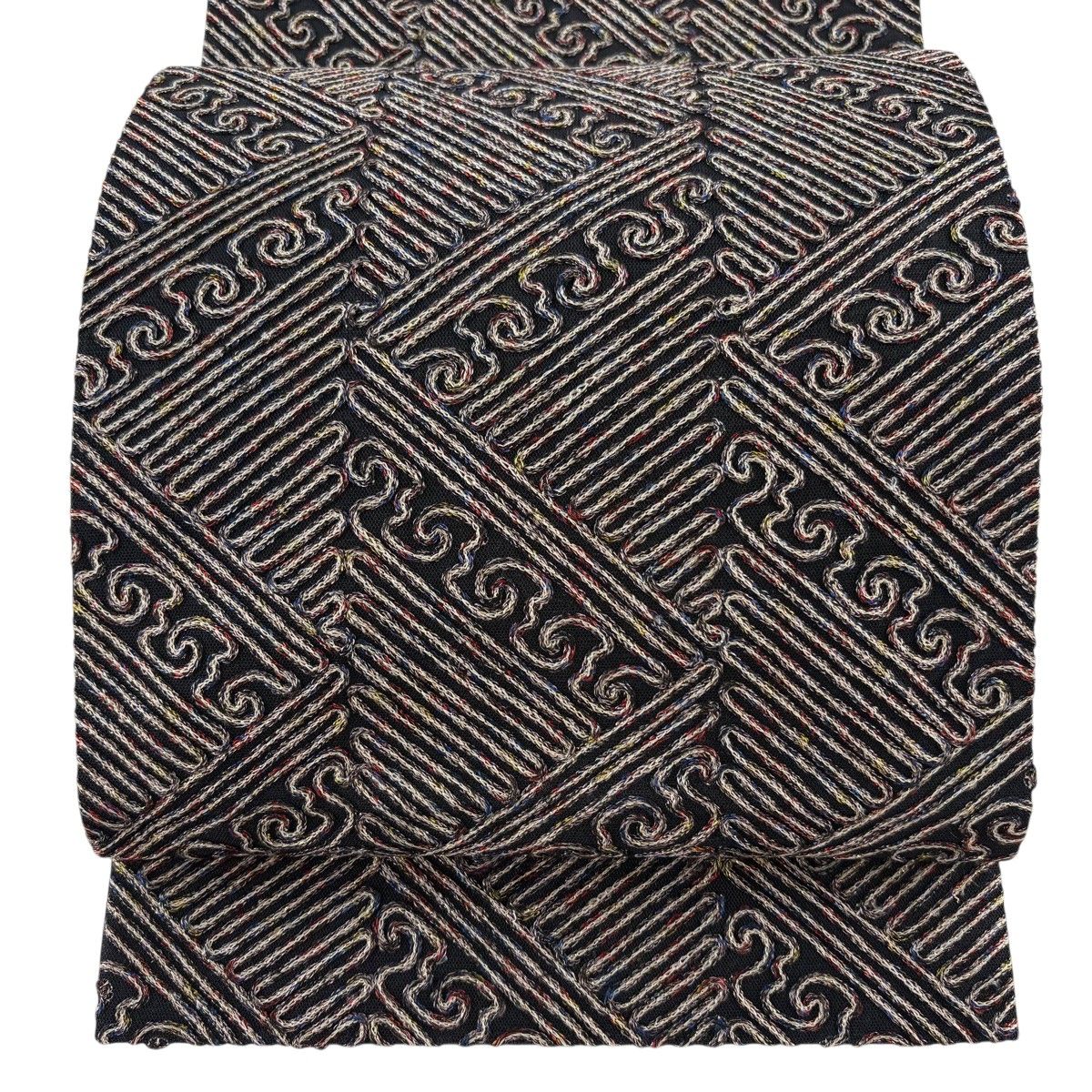 【美品】 袋帯 名品 無月 落款 幾何学模様 箔 黒 全通 正絹 【中古】