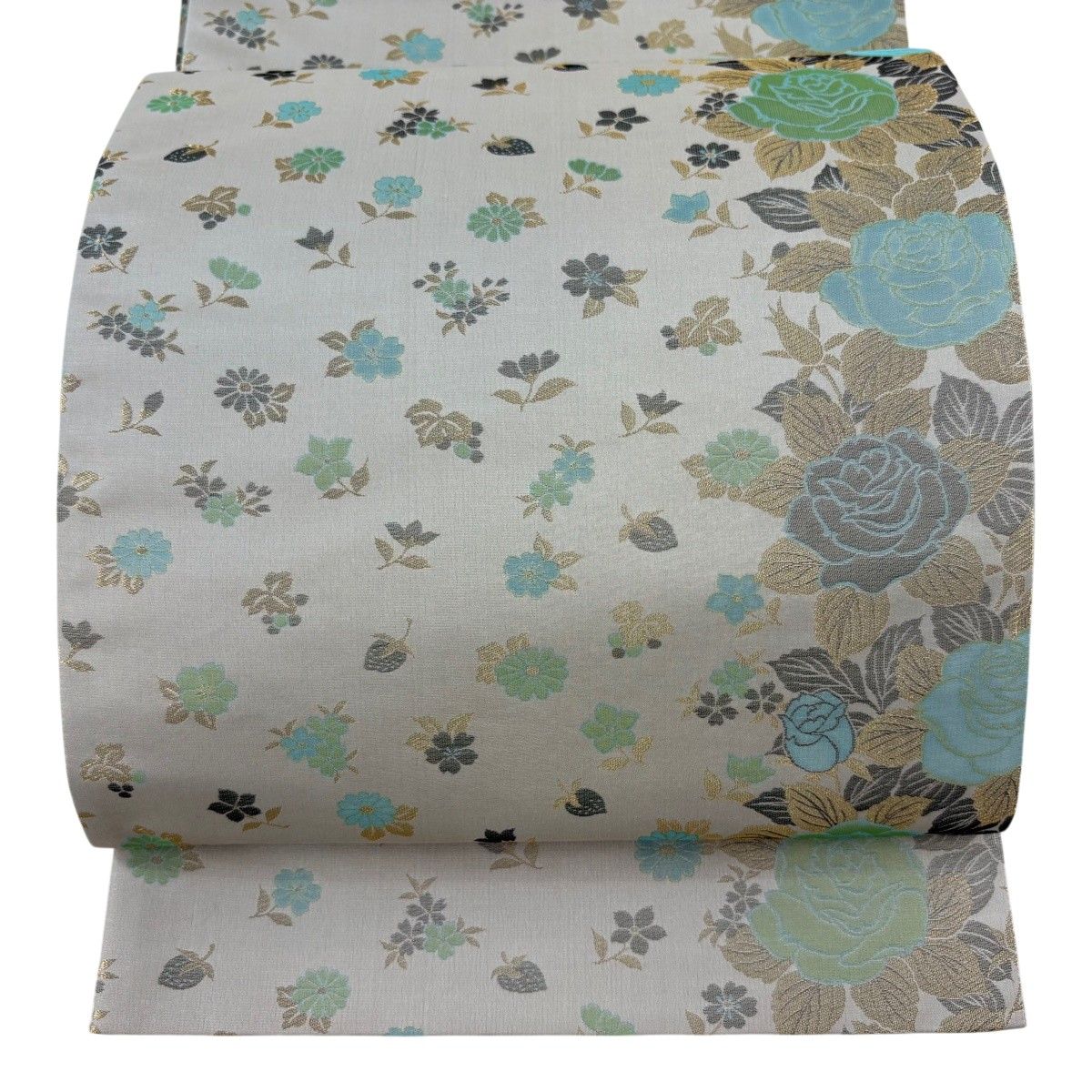 【美品】 袋帯 名品 草花 薔薇 金糸 灰緑 全通 正絹 【中古】