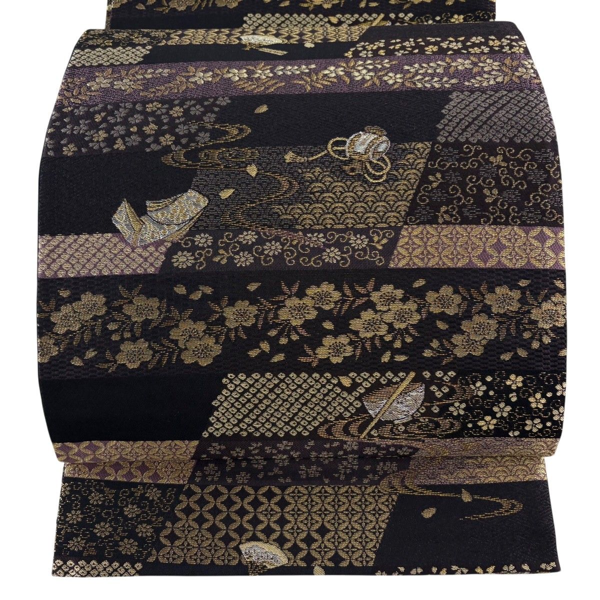 【美品】 袋帯 名品 やまと リバーシブル 扇 草花 金銀糸 濃紫 全通 正絹 【中古】