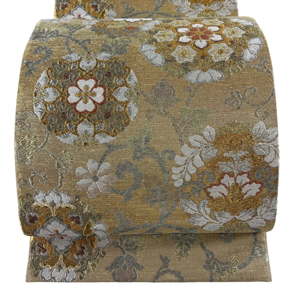 【美品】 袋帯 名品 華文 花唐草 金銀糸 金色 六通 正絹 【中古】