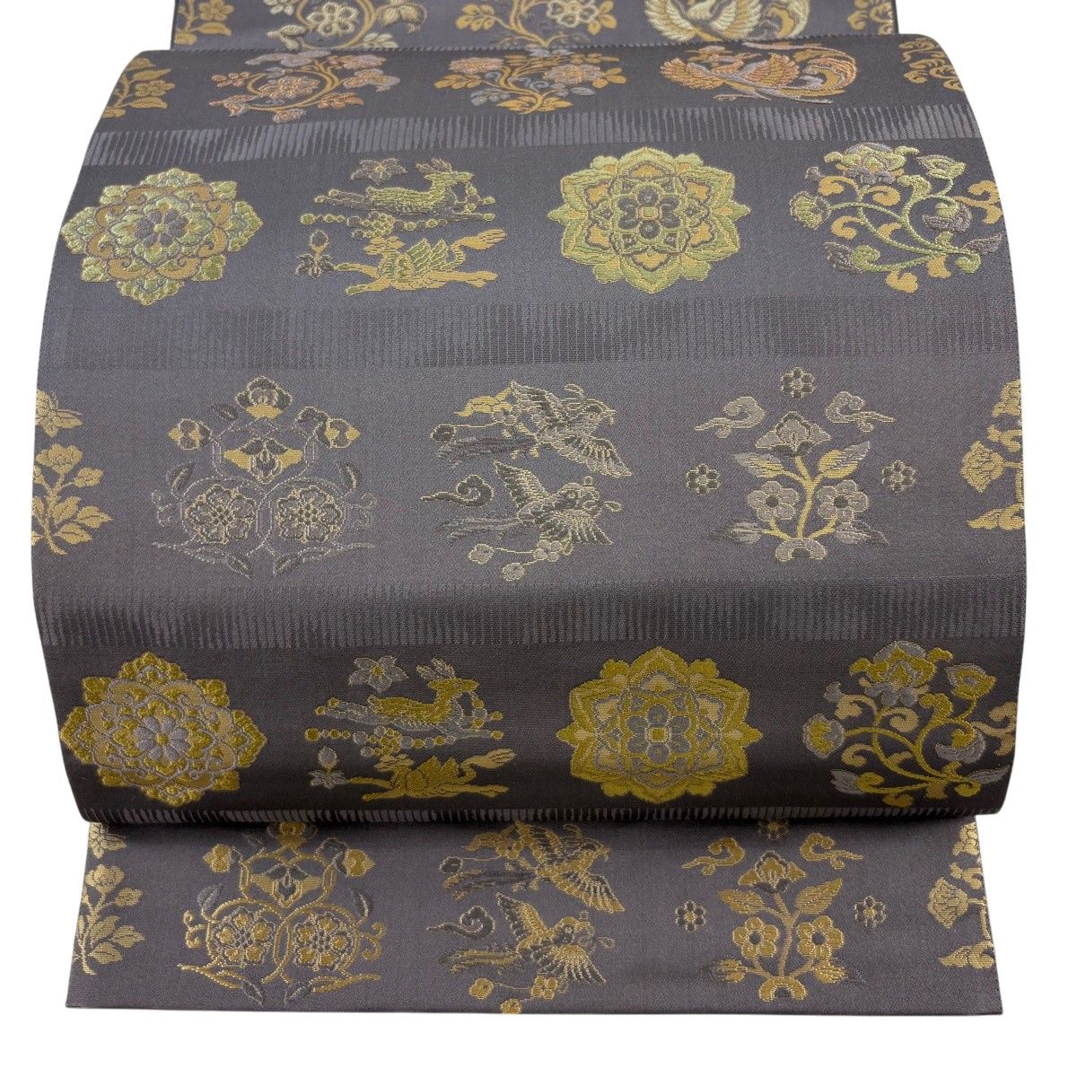 【美品】 袋帯 名品 箔屋清兵衛 落款 西陣織 華文 鳳凰 箔 灰紫 お太鼓柄 正絹 【中古】