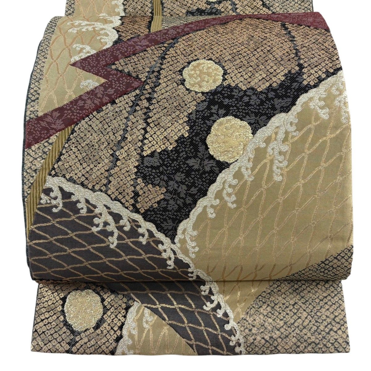 【美品】 袋帯 名品 波頭 草花 箔 茶色 六通 正絹 【中古】